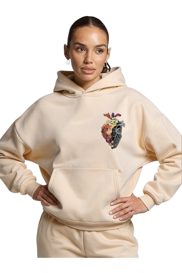 Unisex Heart Flower Colorful Custom Printed Cotton Oversize Hooded Sweatshirt