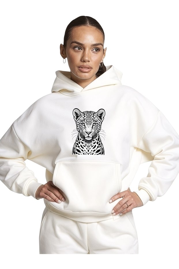 Unisex White Tiger Color Custom Printed Cotton Oversize Hooded Sweatshirt