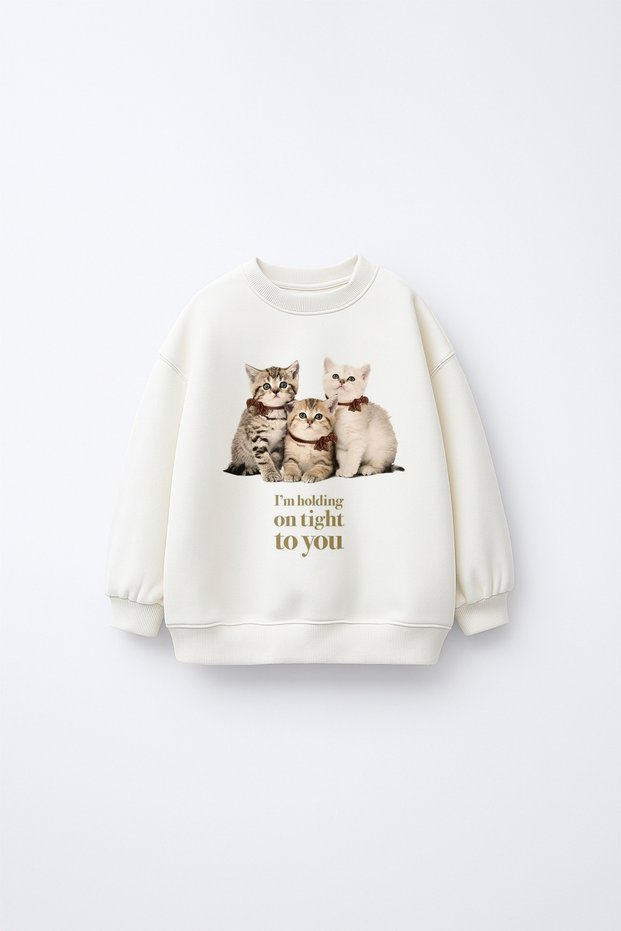 Unisex Oversize Children's Cat Printed Sweatshirt with Fleece Inside