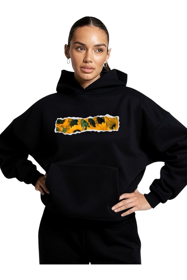 Unisex Sunflower Colorful Custom Printed Cotton Oversize Hooded Sweatshirt