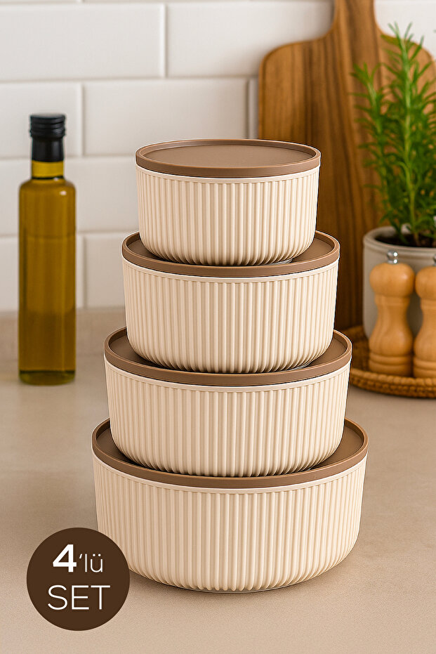 Set of 4 Striped, Round Storage Container Set / 2.5Lt.- 1.5Lt.- 0.80Lt.- 0.45Lt. - 1