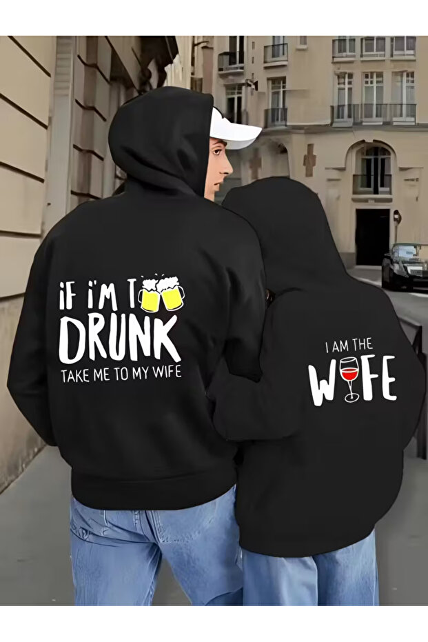 سترة رياضية بقلنسوة ملونة مطبوعة من مجموعة Sevgili Couple Combination Drunk&Wife، طقم مكون من قطعتين، 3 خيوط، أسود
