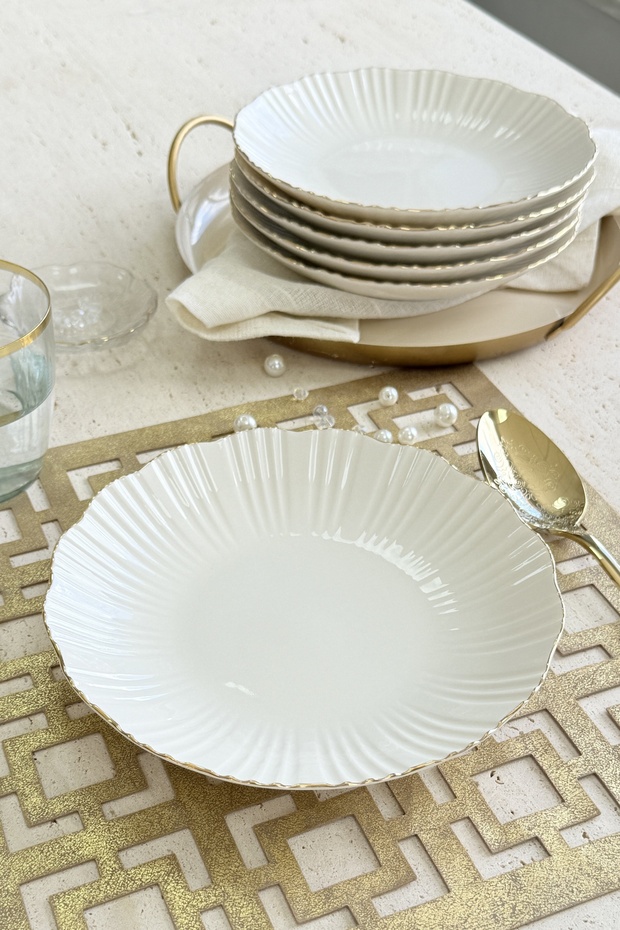 Aura Gold 6-Person 21 cm Premium Porcelain 6-Piece Deep Dinner Plate Set