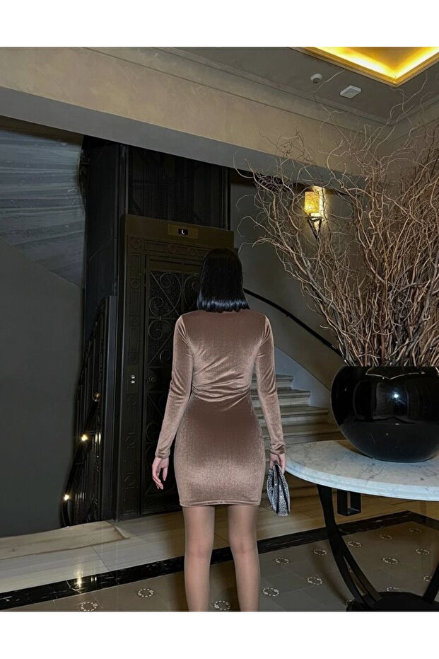 Mini Kadife Kruvaze Elbise - 2