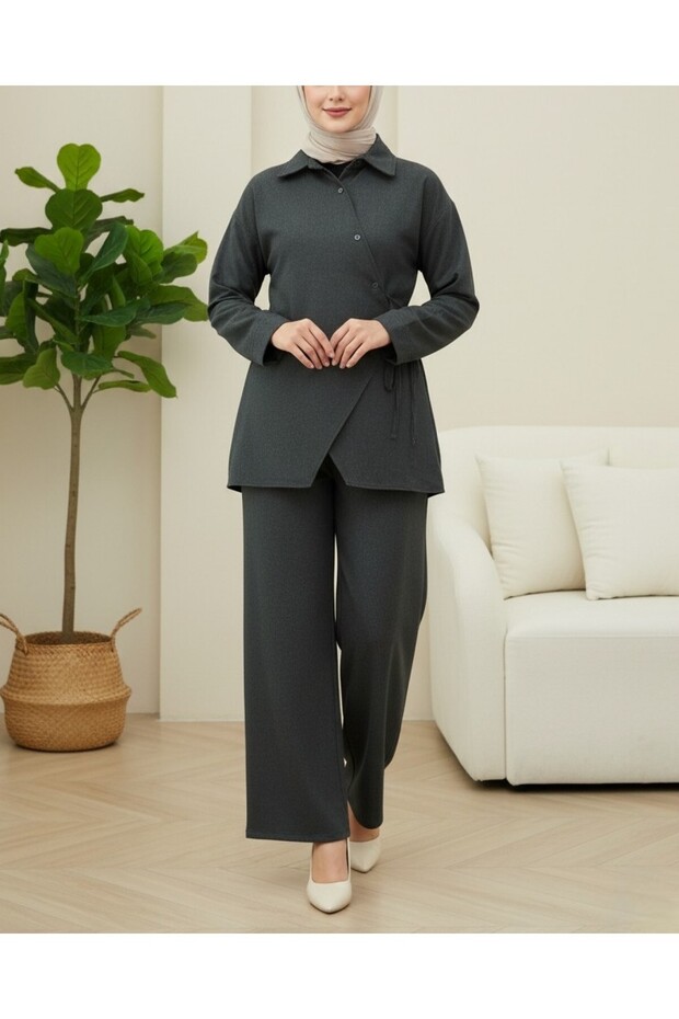 بدلة صوفية بأزرار متقاطعة وربطة جانبية - أنثراسيت - 2