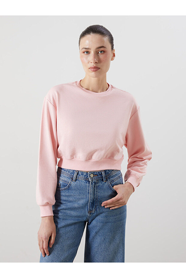 Pink Crew Neck Crop Women's Sweatshirt
