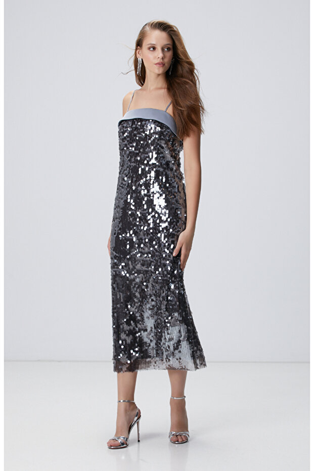 Antrasit Payetli Abiye Elbise - 4