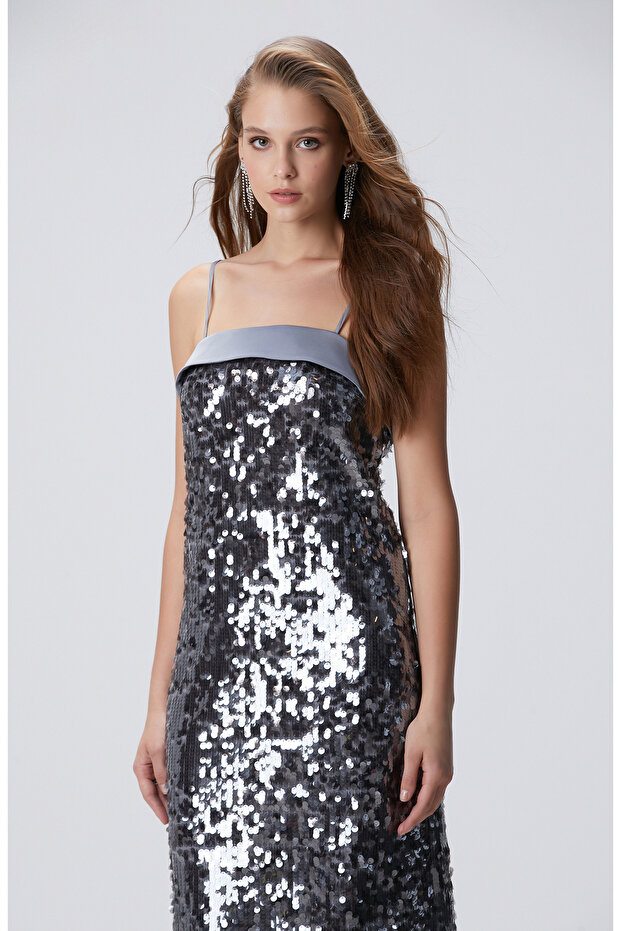 Antrasit Payetli Abiye Elbise - 2