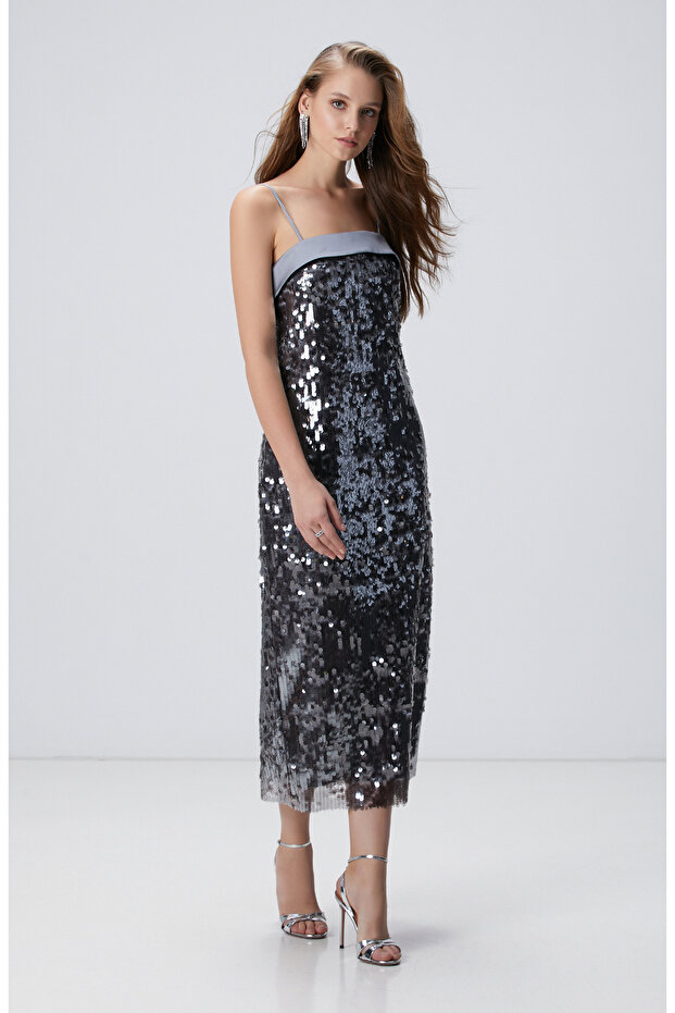 Antrasit Payetli Abiye Elbise - 1