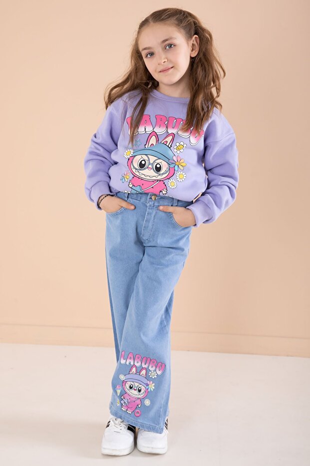 Girl's 2-Piece Set with Lilac Cute Character Printed Jeans Pants 22750