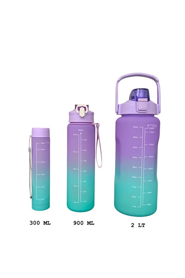 Purple, Set of 3 - Flask Set with Stickers and Straws - 2000ml, 900ml, 300ml - 5