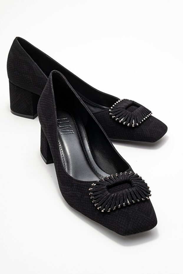 Velora Black Patterned Buckle Women's Thick Heeled Shoes