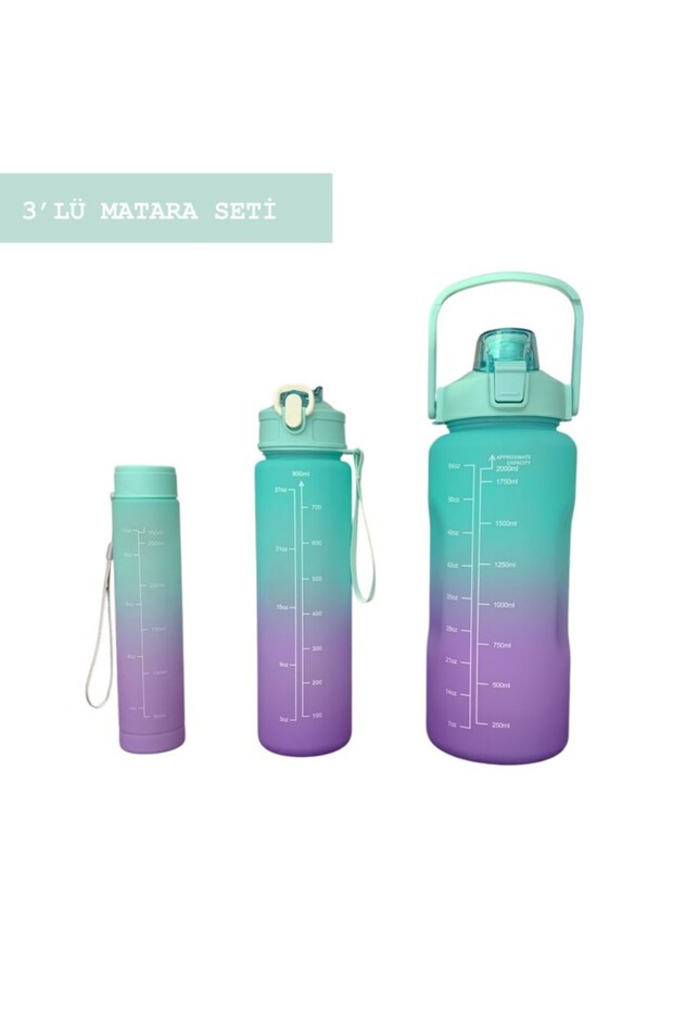 Green, Set of 3 - Flask Set with Stickers and Straws - 2000ml, 900ml, 300ml - 1