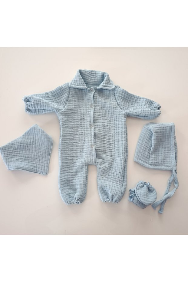 Blue Muslin Fabric Baby Romper Set | 4 Pieces Cotton 4-Layer Muslin Romper