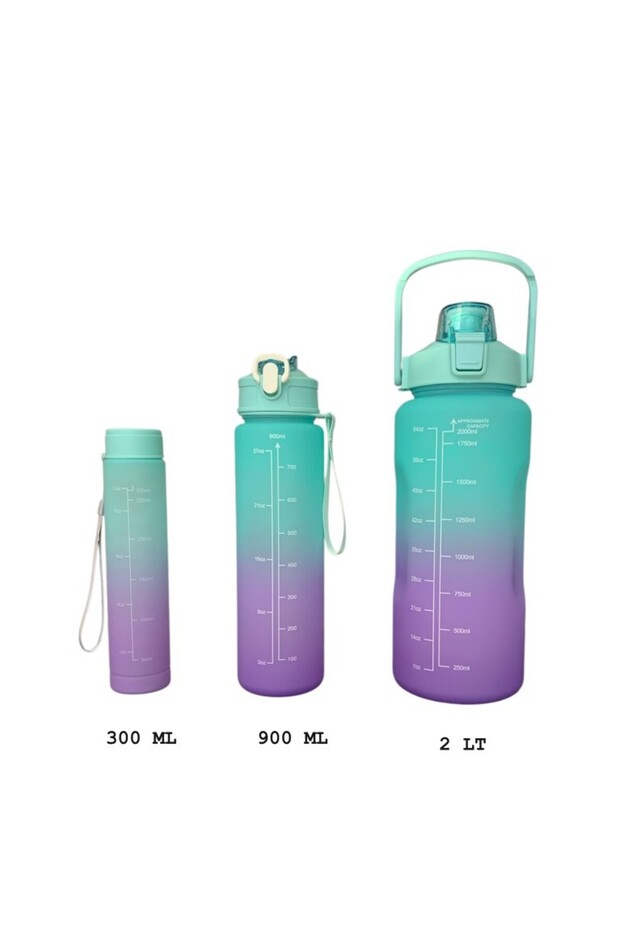 Green, Set of 3 - Flask Set with Stickers and Straws - 2000ml, 900ml, 300ml - 5