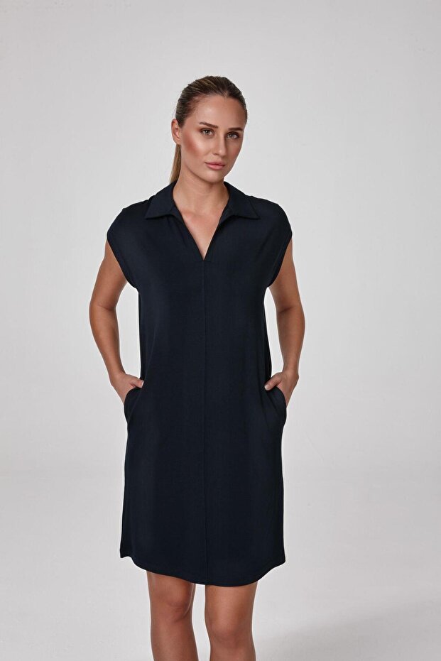Women's Navy Blue Short Sleeve Lapel Detailed Pocket Home Dress C8T3N5O2