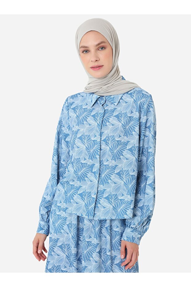 Hidden Placket Leaf Pattern Skirt Shirt Set - Blue Patterned - - 3