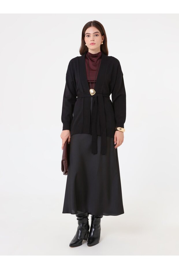 Kemerli Triko Hırka - Siyah - - 2