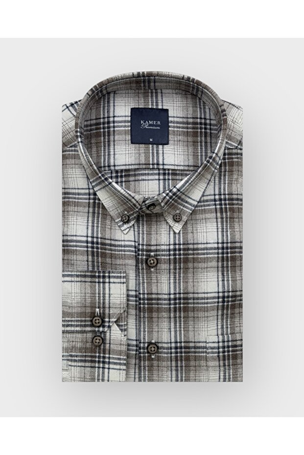 Men's Regular Fit Winter Long Sleeve Button-Up Collar Single Pocket Plaid Brown Shirt 3777Ka