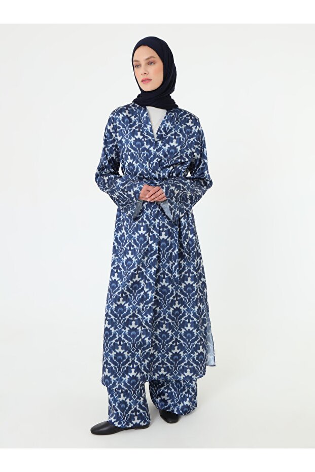 طقم بنطلون كيمونو بحزام منقوش - منقوش باللون الأزرق - - 2