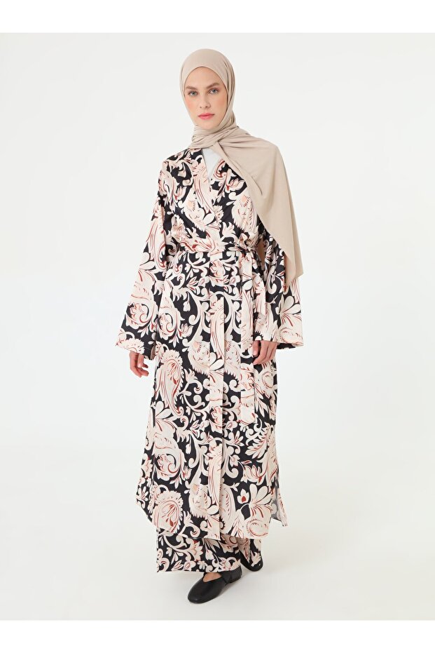 طقم بنطلون كيمونو مزين بحزام - أسود - - 1