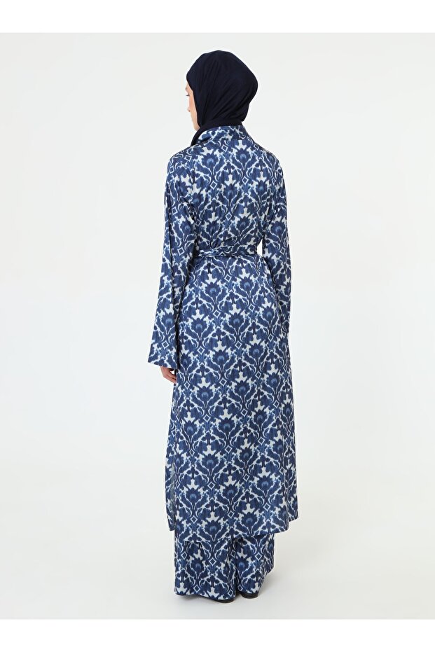 طقم بنطلون كيمونو بحزام منقوش - منقوش باللون الأزرق - - 7