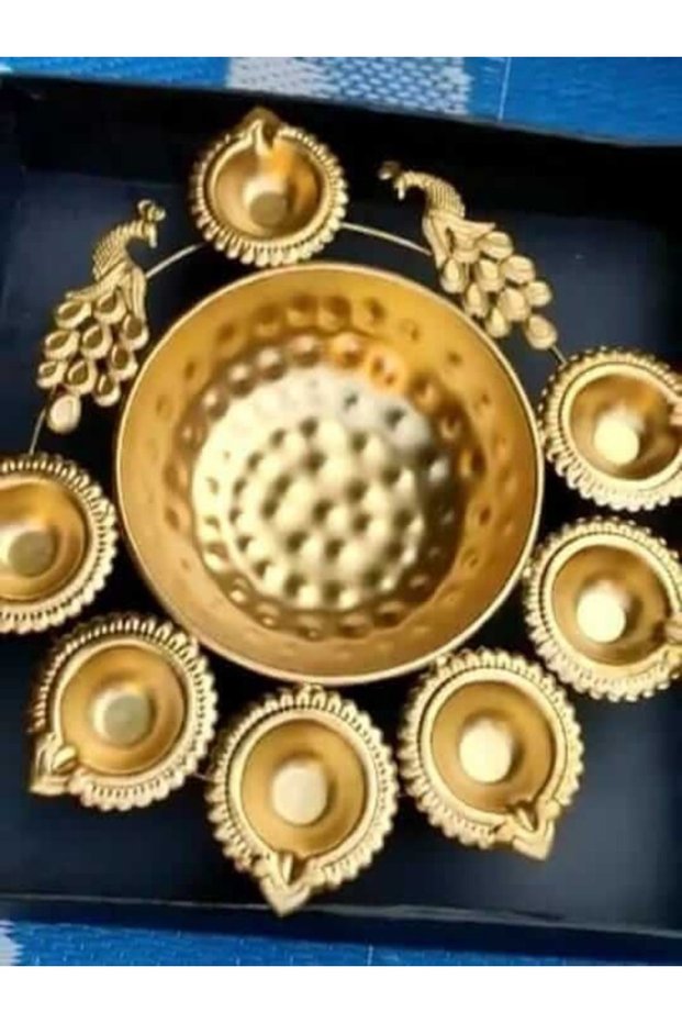 Round Metal Peacock Design Diwali Diya Decoration Urli Gift Set