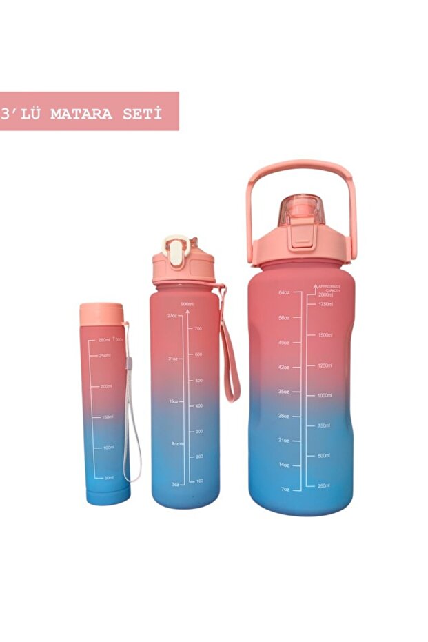 Pink, Set of 3 - Flask Set with Stickers and Straws - 2000ml, 900ml, 300ml - 1