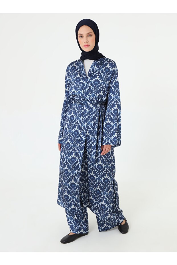 طقم بنطلون كيمونو بحزام منقوش - منقوش باللون الأزرق - - 1