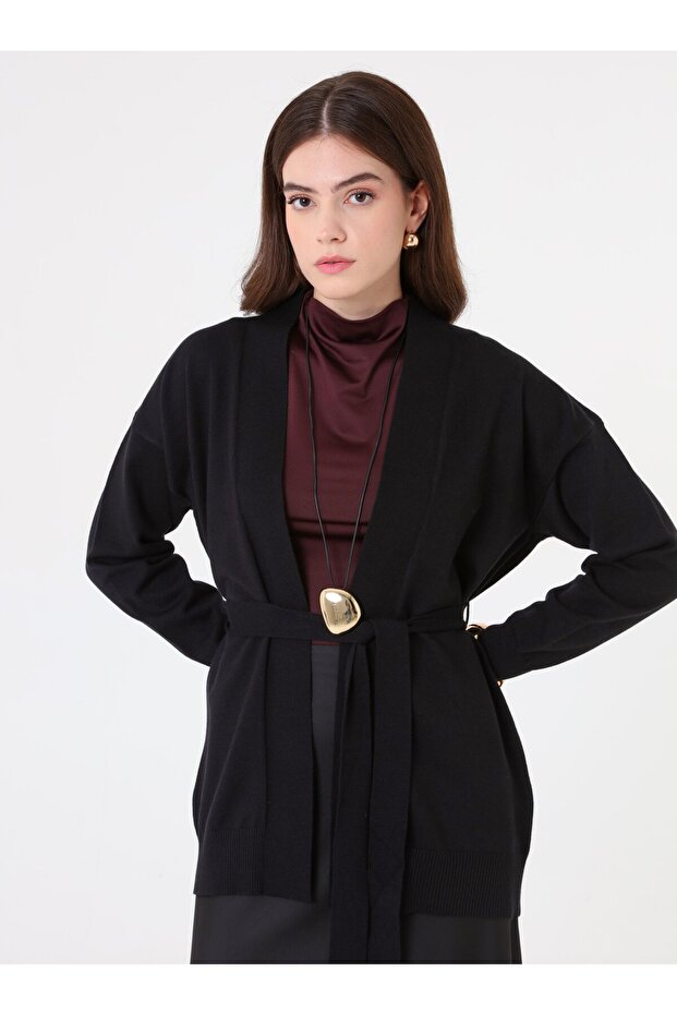 Kemerli Triko Hırka - Siyah - - 1