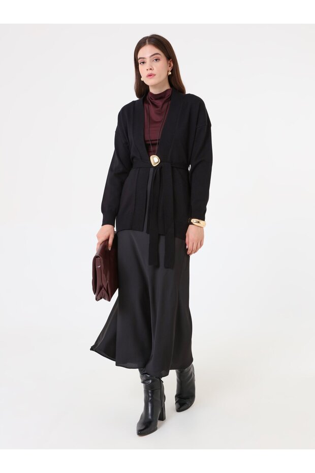 Kemerli Triko Hırka - Siyah - - 3