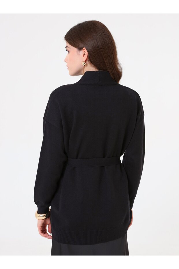 Kemerli Triko Hırka - Siyah - - 6