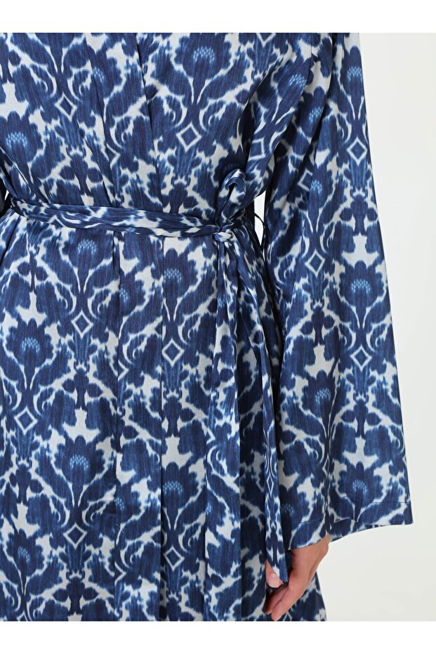 طقم بنطلون كيمونو بحزام منقوش - منقوش باللون الأزرق - - 5