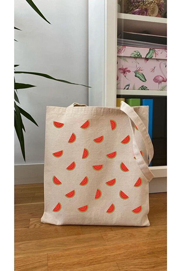 Watermelon Patterned Canvas Heart Printed Cloth Bag 38X42 cm