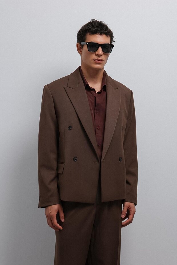Brown Double Breasted Relax Crop Fit Blazer Jacket