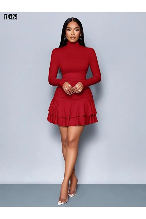 New Season Women's Ruffled Mini Dress Long Sleeve Turtleneck Sandy Fabric