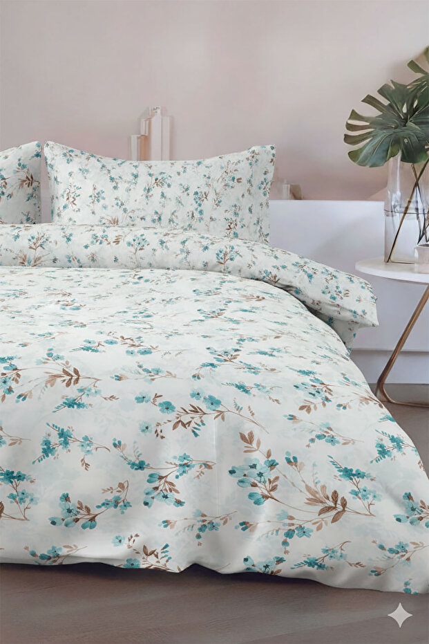 Pampas Double Bed 100% Cotton Duvet Cover Set - Turquoise