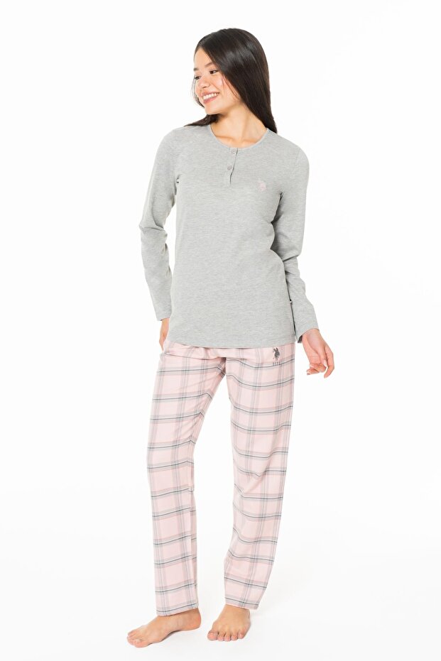 Women's Long Sleeve Six Checkered Pajama Set S26169 Crew Neck Buttoned