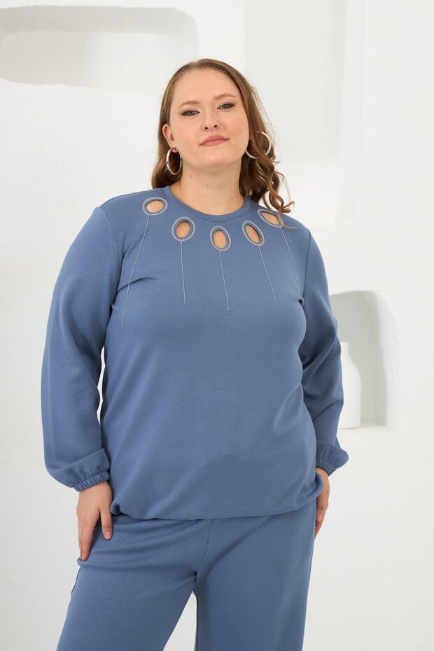Collar Detailed, Sleeves and Skirt Gathered, Plus Size Sweatshirt, Indigo