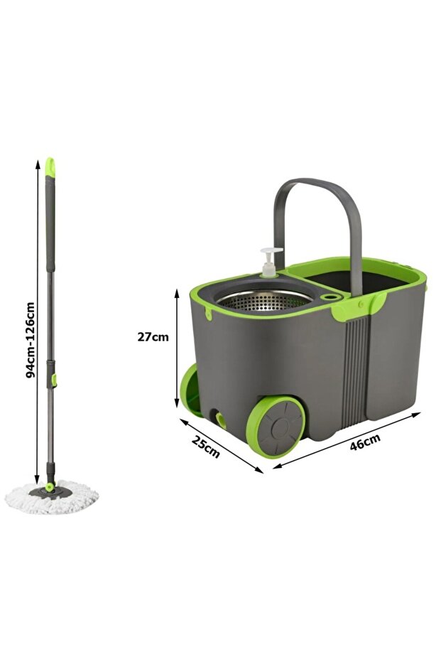 Rotating mop set with 360° bucket, adjustable handle, stainless steel spinner, wheels, detergent container - 7