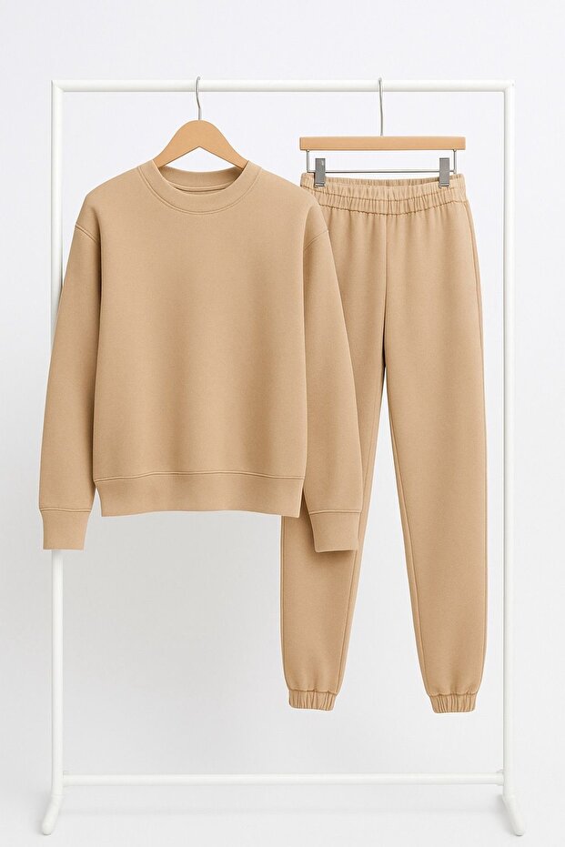 Unisex Beige Color Tracksuit Set - Sweatshirt and Jogger a
