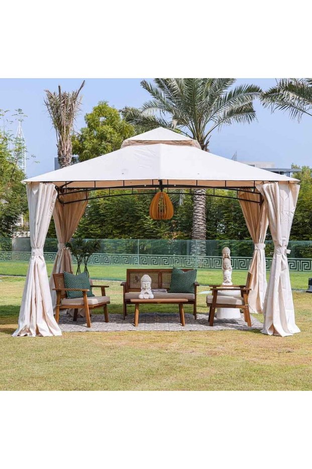 Amna Gazebo with Curtains - Beige 3x3.6m Outdoor Shelter - 1 Year Warranty - Stylish & Durable