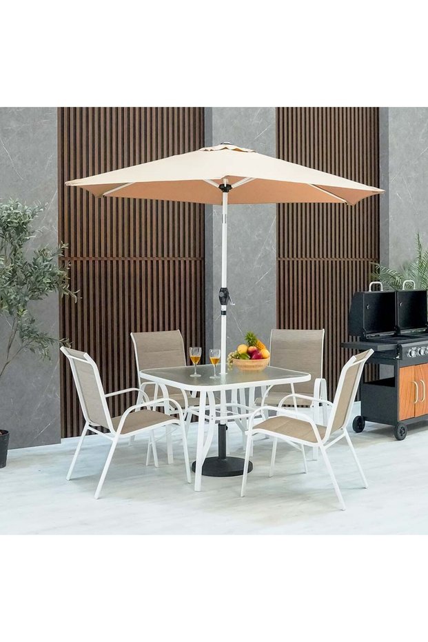 Eve 1 + 4-Seater Textilene Outdoor Dining Set with Umbrella - White & Khaki, 1 Year Warranty