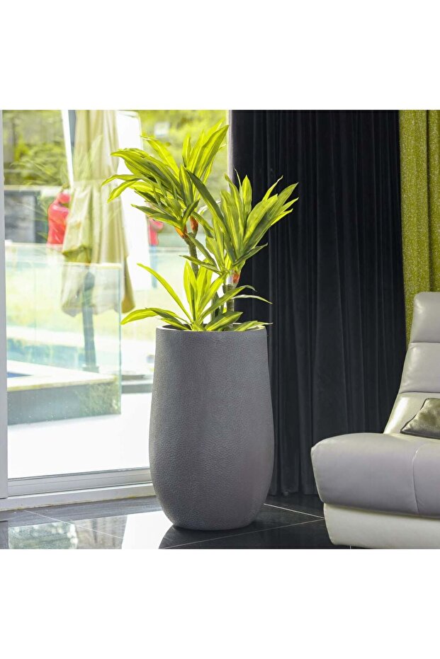 Fiber Clay Pot with Volcanic Design - Grey - 48x48x75 CM - Stylish Outdoor Garden Accessory