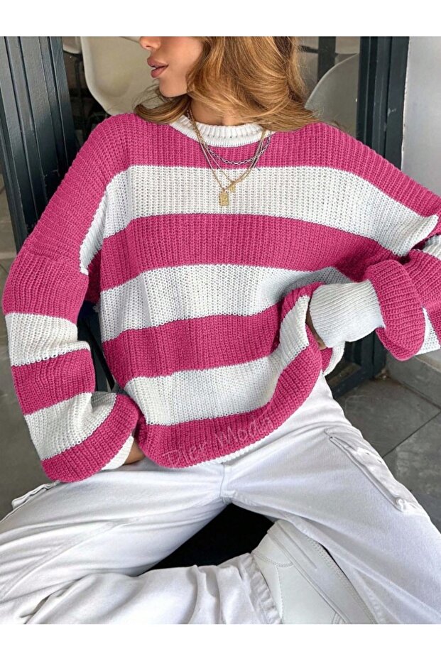 Women's Crew Neck Striped Oversize Knitwear Sweater Fmoda602