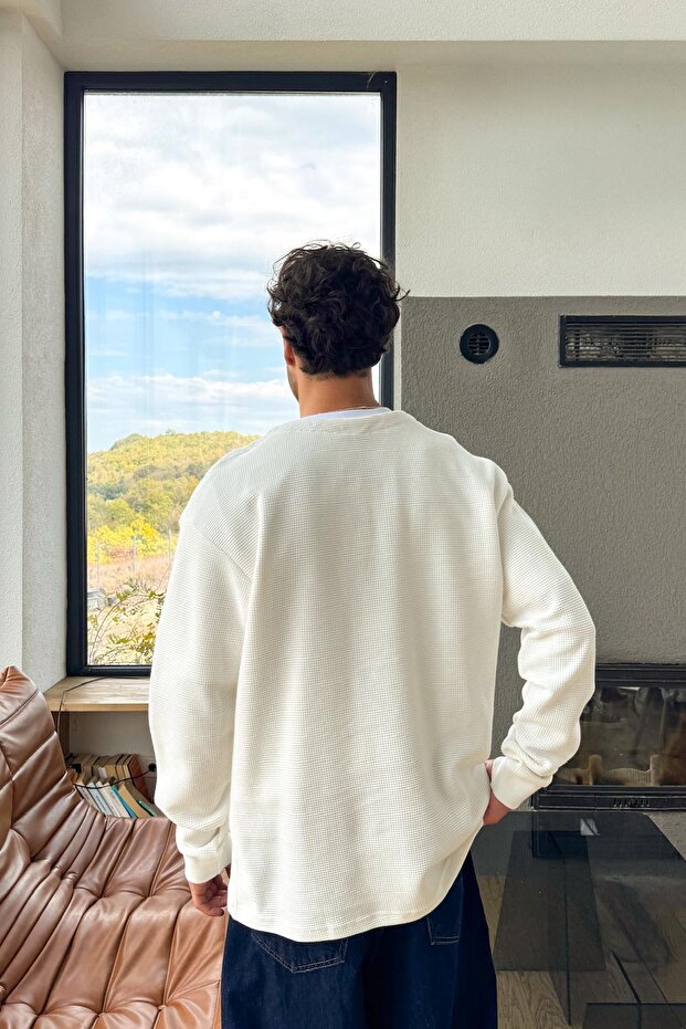 V Yaka Basic Sweatshirt Beyaz - 2