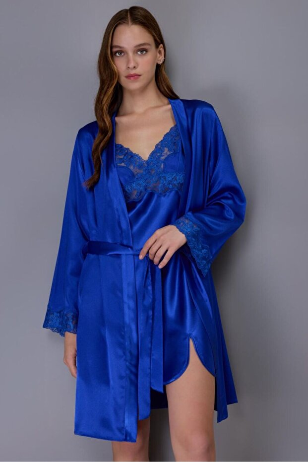 3978 Cobalt Blue Satin Nightgown Dressing Gown Set