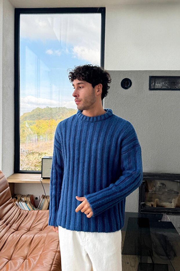 Ters Örme Triko Kazak Mavi - 1