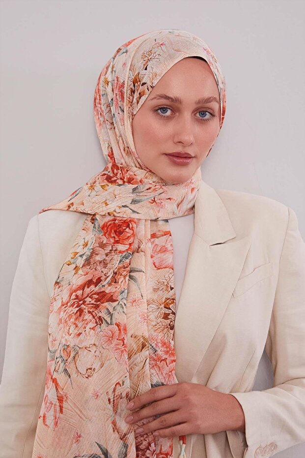 Salmon Rose Pattern Cotton Shawl - 3