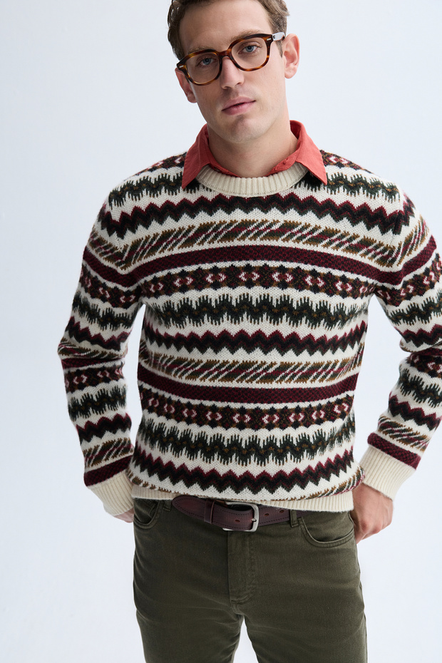 Men's Beige Jacquard Crew Neck Sweater